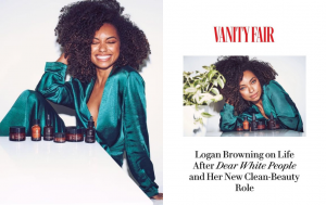 Logan modeling in the True Botanicals campaign next to a screen grab of her Vanity Fair digital feature