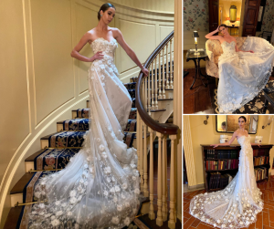 collage of Arielle Anders modeling in different poses in a bridal gown