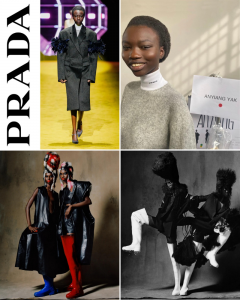 collage of Aniyang including her on the runway for Prada, behind the scenes of the show, and modeling in the NY Times editorial 