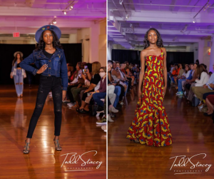 Faith Amani walking on the runway at NYFW in two different fashion designs