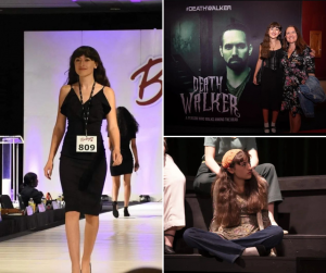 collage of Sophia including her walking on the runway, acting in a play, and next to a poster for the "Death Walker" series