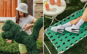 Abby modeling for Puma; clipping a cat-shaped hedge outside and shot of her feet on a lawn chair next to drinks on a table