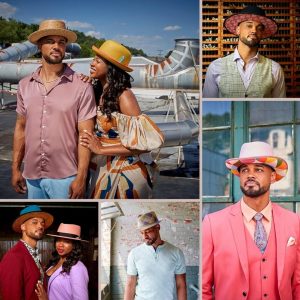Collage of Dave modeling solo and with another modeling wearing hats for the Bollman Hat Company