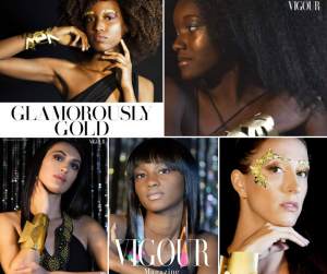 collage of alumni modeling in different poses wearing gold accents and jewelry in the Vigour editorial feature
