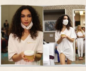 side by side shots of Angela walking the runway for Angel Face Cosmetics