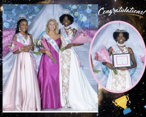 graphic showing Khalia on stage posing after receiving her title as National Miss American Teenager