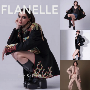collage of Liz as she appears modeling and in the editorial spread for Flanelle Magazine