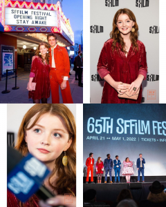 Collage of Quinn behind the scenes at the film premiere of Stay Awake