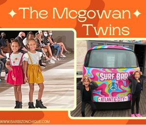 Graphic showing the Mcgowan Twins on the runway modeling and posing outside of a colorful bus