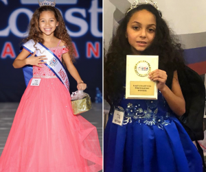 Teagan wearing her crown and sash and Rurai holding her plaque with mentioned title