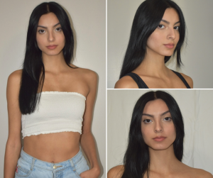 collage Fatima modeling in different poses including a body shot, front profile head shot, and side profile head shot