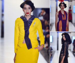 collage of Khadija walking in three differnt outfits and posing on the runway at NYFW