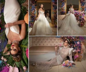 collage of Gina modeling wedding dresses for Couture Bridal