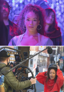 screengrab close-up of Destiny in the short film and behind the scenes of her filming a scene on the stree with a camera man