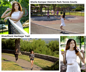 collage of Sophia Green modeling tennis attire and running on a trail for the Parks and Rec website