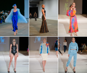 collage of Katie walking in different designer outfits on the runway at ACFW