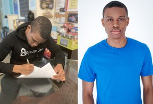 Joseph signing his agency contract next to a head shot of him