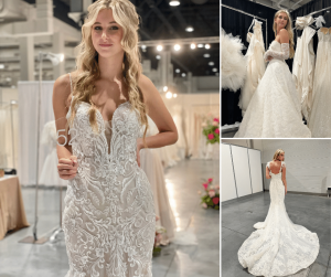 collage of Ava modeling for the bridal show in different wedding dresses
