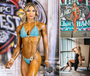 collage of McKenna posing in a bikini at a NPC competition and modeling in a dress