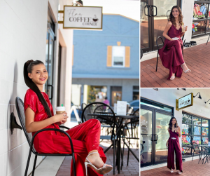 Francesca modeling in various poses and two different jumpsuit styles in front of a coffee shop