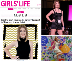 screengrab of Madison's feature in Girl's Life along side two photos of her modeling at Passport to Discovery