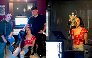 Andrea inside the studio with producers and a shot of her singing in the studio