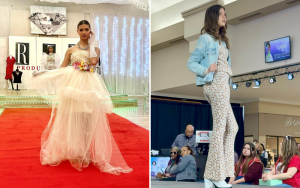 Francesca posing on the runway at each fashion show in two different outfits