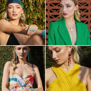 Calista modeling in different poses, outfits, and accessories for the jewlrey brand