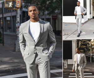 collage of Layton modeling in a suit for Haggar Clothing
