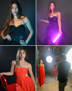 collage of Sophia modeling for the Camera Culture shoot as well as a behind the scenes shot of her modeling on set