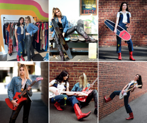 collage of Olivia and Kate modeling in the shoot posing with guitars and skateboards and wearing vingtage fashion