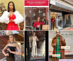 collage of Red Bank students and alumni mannequin modeling in store windows