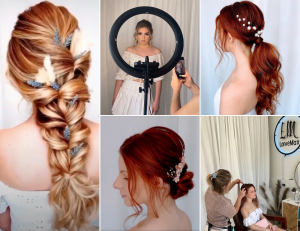 collage of Red Bank students and grads on set as hair models 