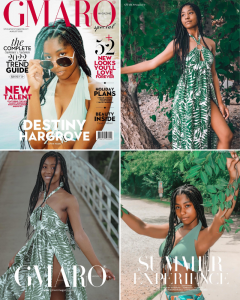collage of Destiny modeling in the Gmaro editorial including the cover photo