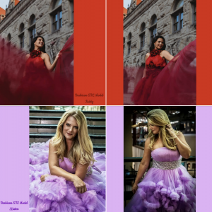 Kristy modeling in a red dress and Lacy modeling in a purple dress