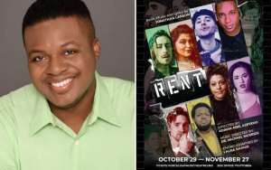 head shot of Abraham next to a promotional poster for RENT featuring him