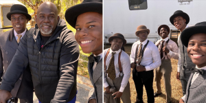 side by side shots of Kameron in costume and on set of the movie with other actors