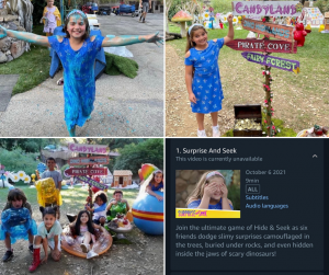 collage of Tiah on set of Surprise and Seek and a screen grab of her featured on the show's streaming title and description
