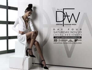 Denver Fashion Week ad of Olivia modeling in a seated pose and white fashion outfit