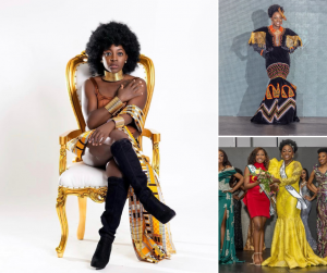 collage of Elle modeling in different African outfits and receive her pageant award on stage