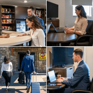 collage of Keith and Stephanie commercial modeling in promo shots for My Place Hotels