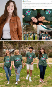 collage of Caroline modeling for eegee's with other models appearing on the brand's social media and a head shot of her