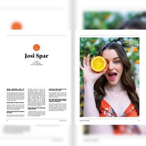 shot of Josi modeling playfully next to a write-up about her from the magazine feature