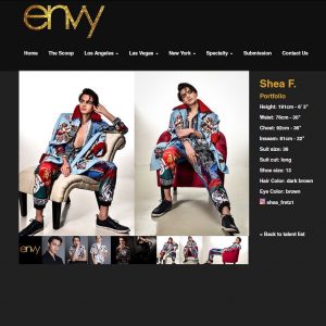 screengrad of Shea's modeling profil on Envy Models' website