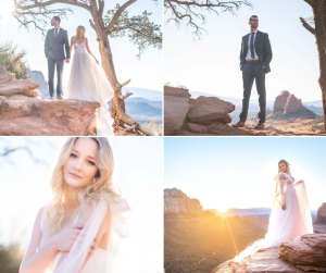 collage of Emma and Keith modeling as a bride and groom against a canyon backdrop for the wedding shoot