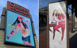 Olivia and Kaylie modeling as they appear on signage on the street for Castle Rock Outlets