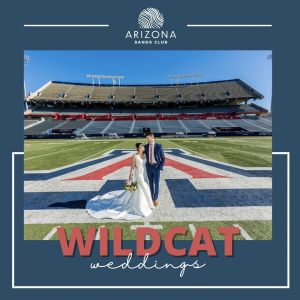 Arizona Sands Club promotional ad featuring Stephanie and Keith in wedding attire on a football field