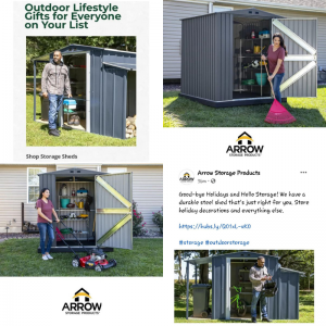 collage of Kristy and LoDeon using yard tools in front of a shed as they appear in campaign materials for Arrow Storage