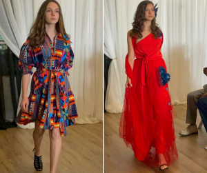 side by side photos of Catharine and Francesca walking on the runway in Coastal Fashion Week