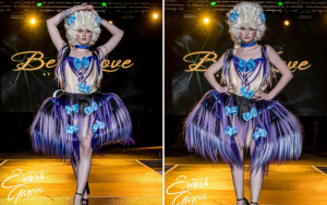 side by side images of Jade posing on the runway in the Cocktails X Couture Fashion Show